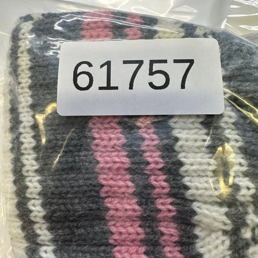 Gold Beanie Womens Size OS Gray Pink Striped Ribbed Knit Winter Hat Casual